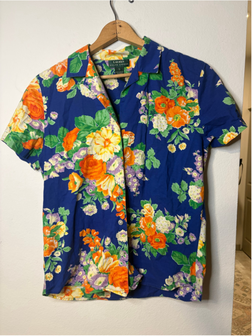 Vintage Lauren Ralph Lauren Floral Button Front Shirt Blue 100% Cotton Small